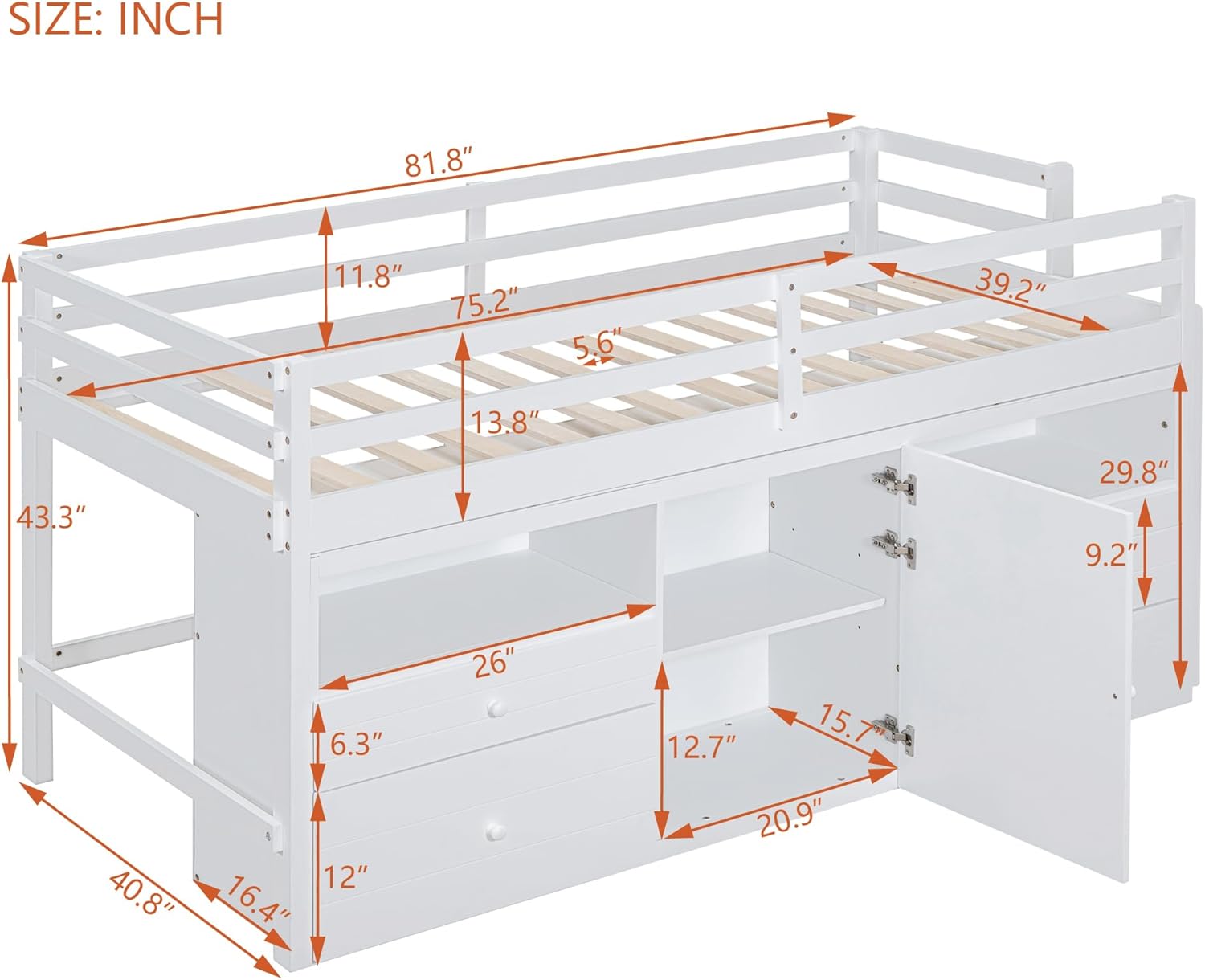 Twin Size Kids Loft Bed with Storage, Wooden Frame with Drawers and Ladder, White Q147