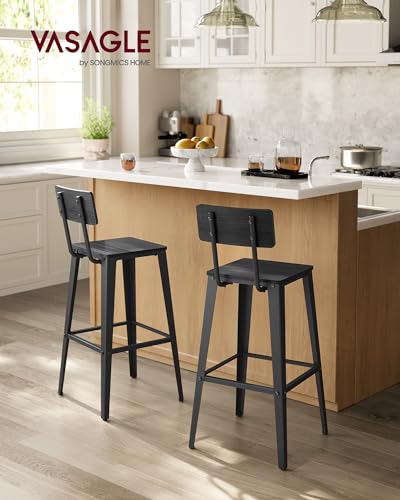 VASAGLE Set of 2 Bar Stools with Back, Steel Frame, Industrial Style, Ash Black and Ink Black I1524