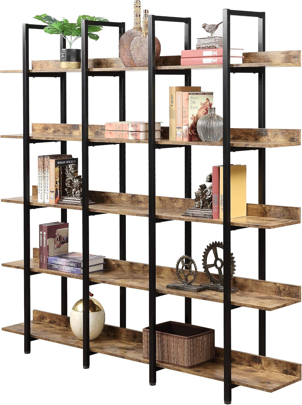 5 Tier Bookcase with Metal Frame, Vintage Industrial Style M7129