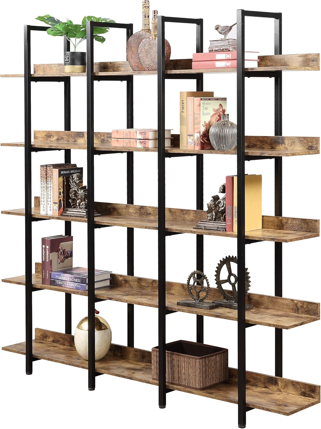 5 Tier Bookcase with Metal Frame, Vintage Industrial Style M7129