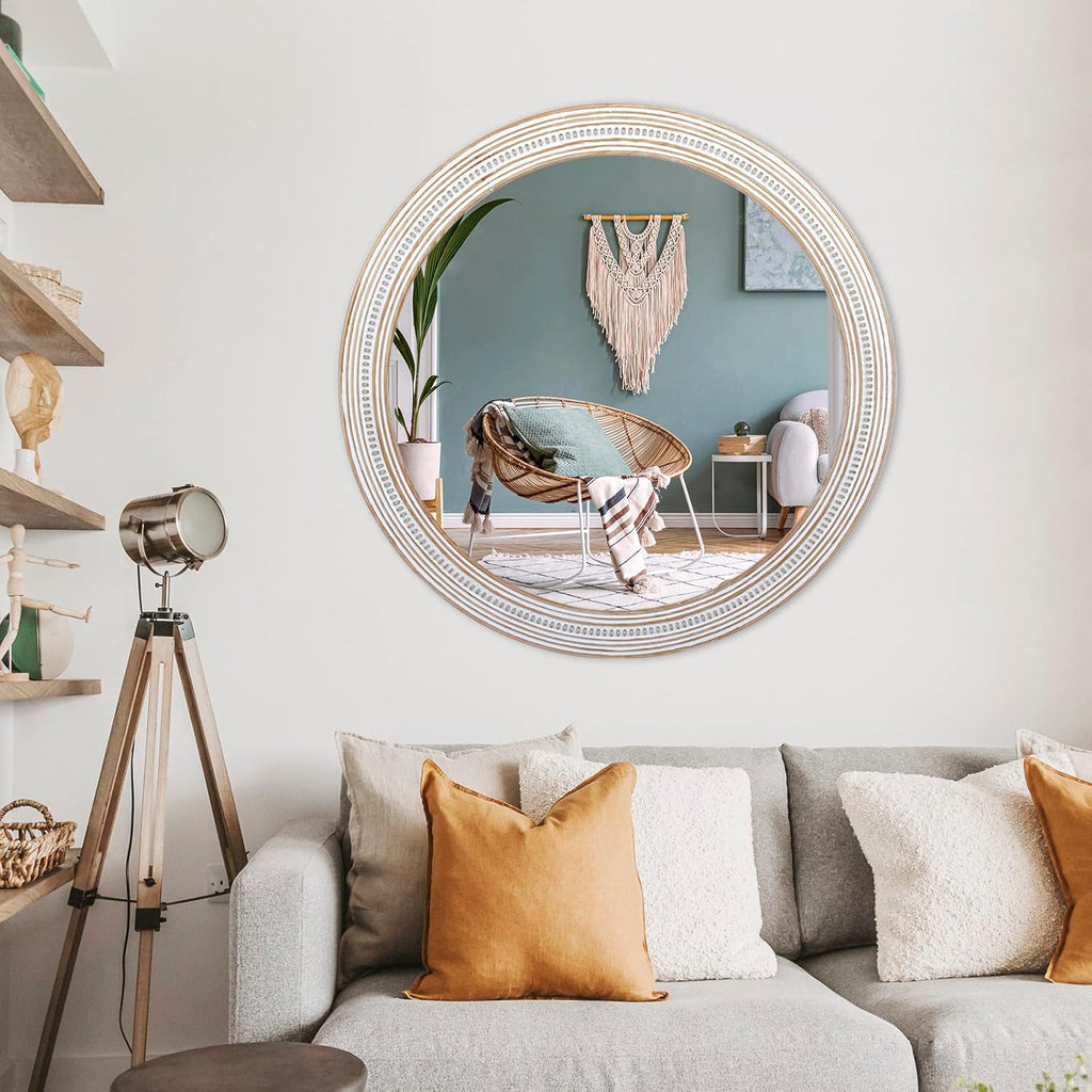 32" Round Wooden Wall Mirror for Bathroom Farmhouse Decor N99286