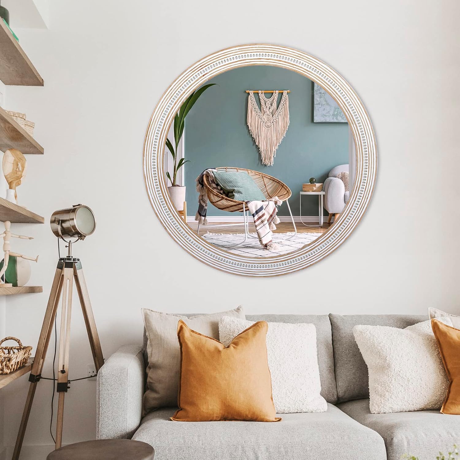 32" Round Wooden Wall Mirror for Bathroom Farmhouse Decor N99286