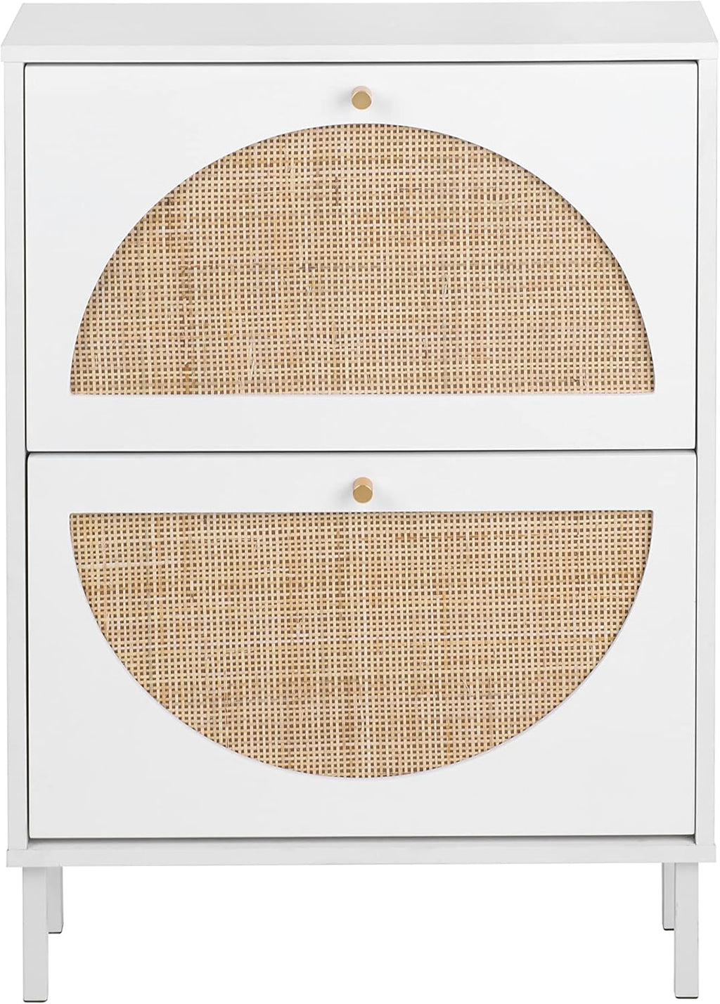 Rattan 2-Drawer Shoe Cabinet Freestanding Shoe Rack Organizer Wooden Entryway Narrow Storage White Y659194