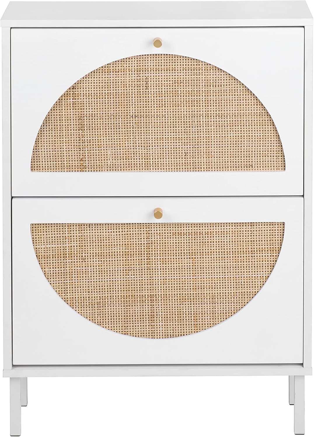 Rattan 2-Drawer Shoe Cabinet Freestanding Shoe Rack Organizer Wooden Entryway Narrow Storage White Y659194