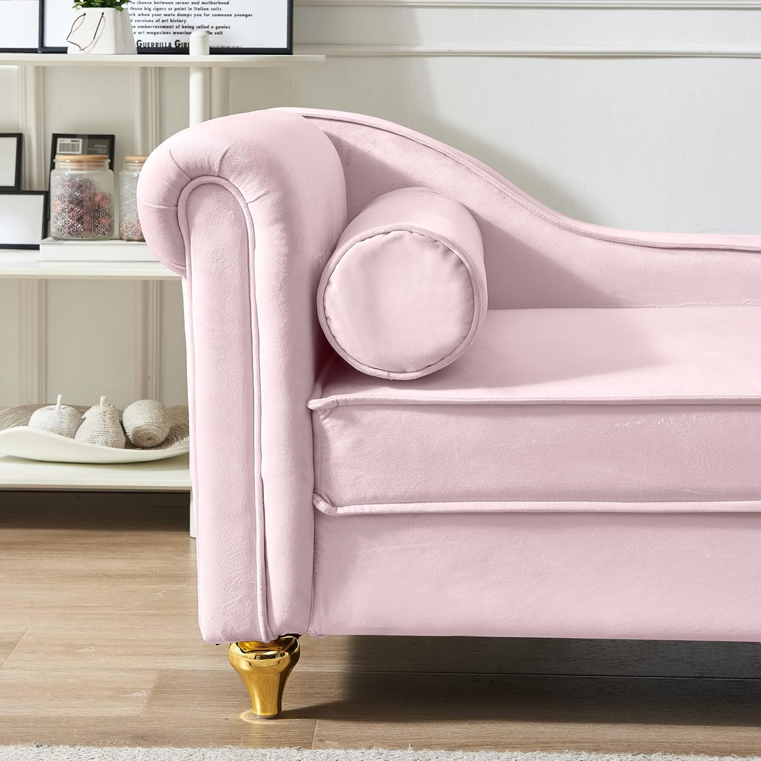 Modern Upholstered Chaise Lounge Chair with Storage, Velvet, Gold Metal Legs, Pink P94677