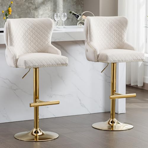 Velvet Barstools Set of 2, Counter Height Adjustable Swivel with Golden Lion Head Ring, Beige C6486