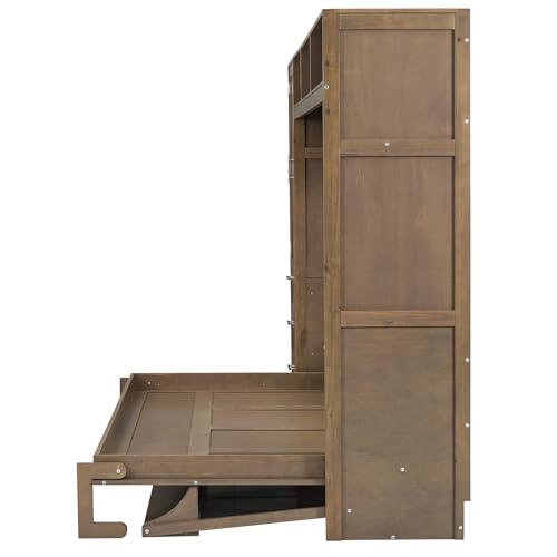 Full Size Murphy Bed Wall Bed with Wardrobe, 3 Drawers and Shelves, Antique Grey T745