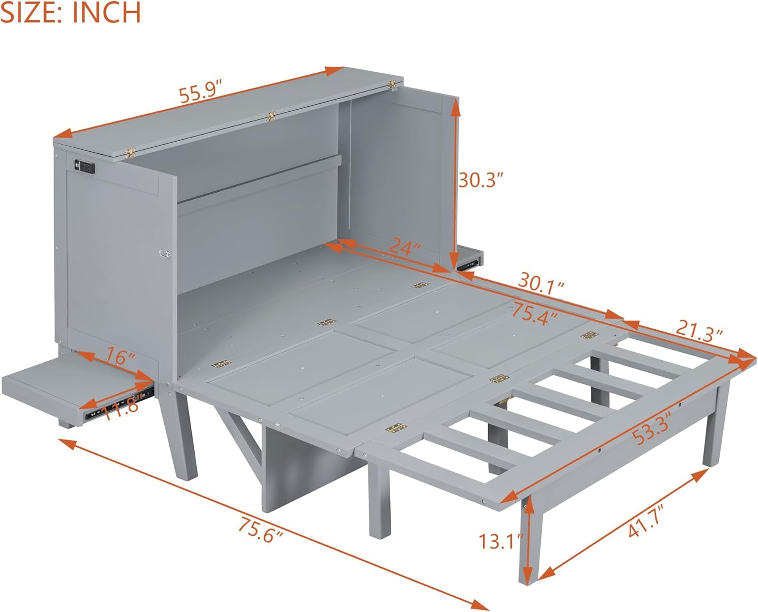 Full Size Murphy Wall Bed with Cabinet and USB Port, Gray E415639