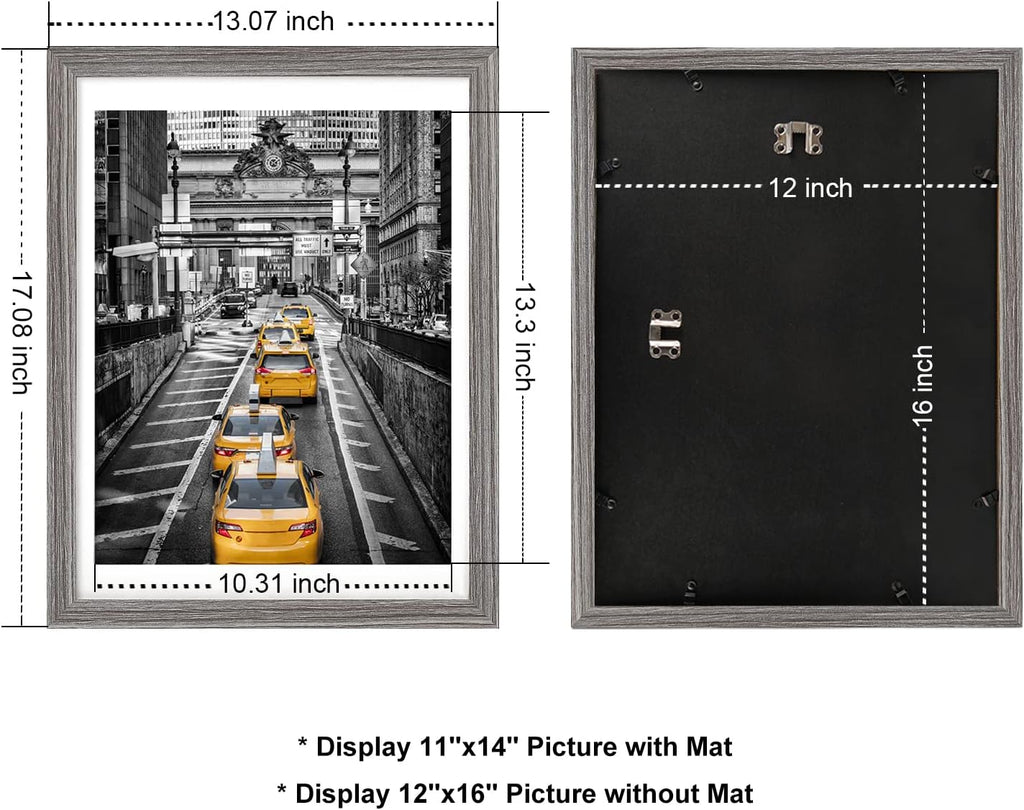 12x16 Rustic Solid Wood Picture Frame for 11x14 with Mat or 12x16 Without Mat, Gray Q341
