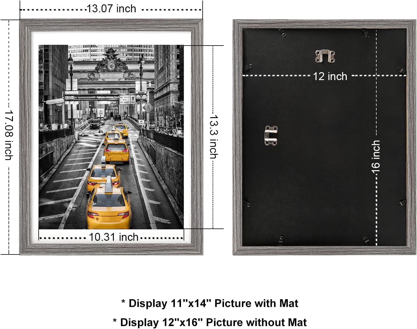 12x16 Rustic Solid Wood Picture Frame for 11x14 with Mat or 12x16 Without Mat, Gray Q341