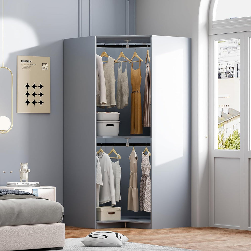 Armoir Wardrobe Closet & Cabinet - Functional Clothes Storage with Hanging Rail, Wooden Corner ArmoireWardrobe Freestanding for Bedroom, Locker Room, Home Office,Garage,roperos para guardar ropa