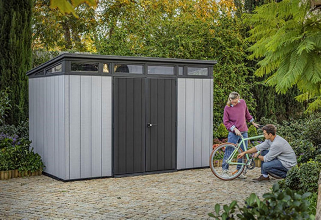 Keter Artisan 11x7 Resin Outdoor Storage Shed, Grey & Black A705