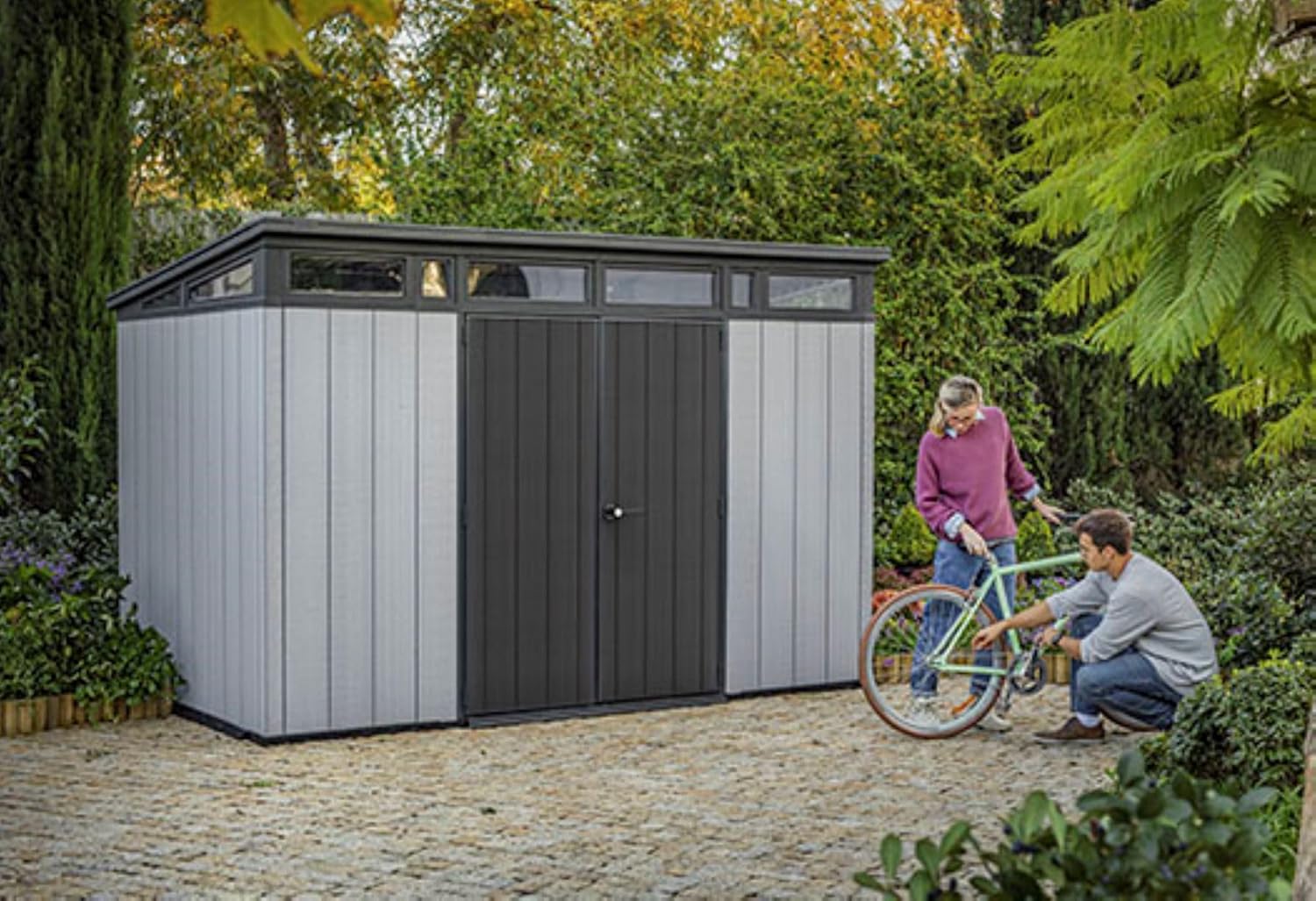 Keter Artisan 11x7 Resin Outdoor Storage Shed, Grey & Black A705