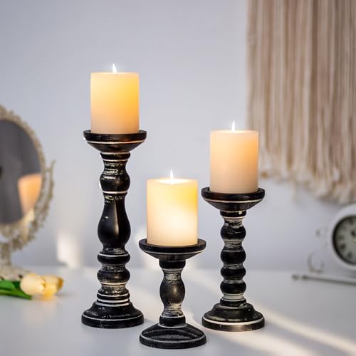 Romadedi Wood Candle Holders for Pillar Candles, Set of 3, Rustic Farmhouse Decor, Dark Brown K640174