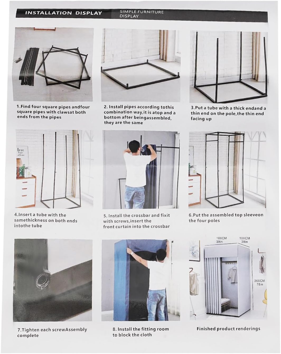 Portable Dressing Room Frame with 4 Wheels, 88.18 lbs Capacity, White C821