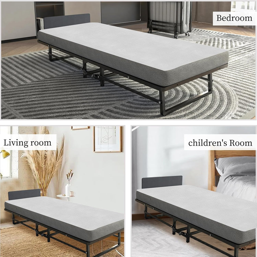 Folding Bed with 4-Inch Mattress, Metal Cot for Adults on Wheels F49016