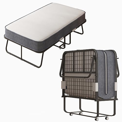 MUZZ Folding Bed with 5" Memory Foam Mattress,Rollaway Bed with Headboard for Adults, Portable Foldable Bed with 4 Lockable Wheels and Metal Frame for Living Room,Guest Room (75" x 31")