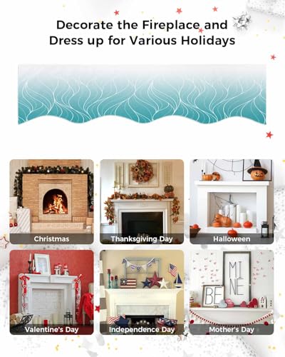 Fireplace Mantel Runner Ombre Teal Blue Geometric White Striped Design 60 x 17 Inches R6859