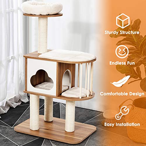 Tangkula Modern Wood Cat Tree, 46 Inches Cat Tower with Scratching Posts A163