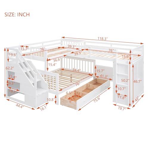 Harper & Bright Designs L-Shape Triple Bunk Bed with Stairs, Desk & Wardrobe, Espresso D9172
