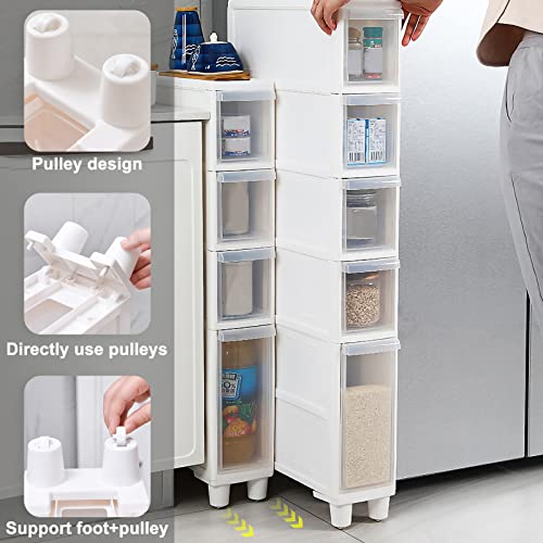 Narrow Tall Floor Cabinet for Bathroom, 4 Clear Drawers with Casters L2591