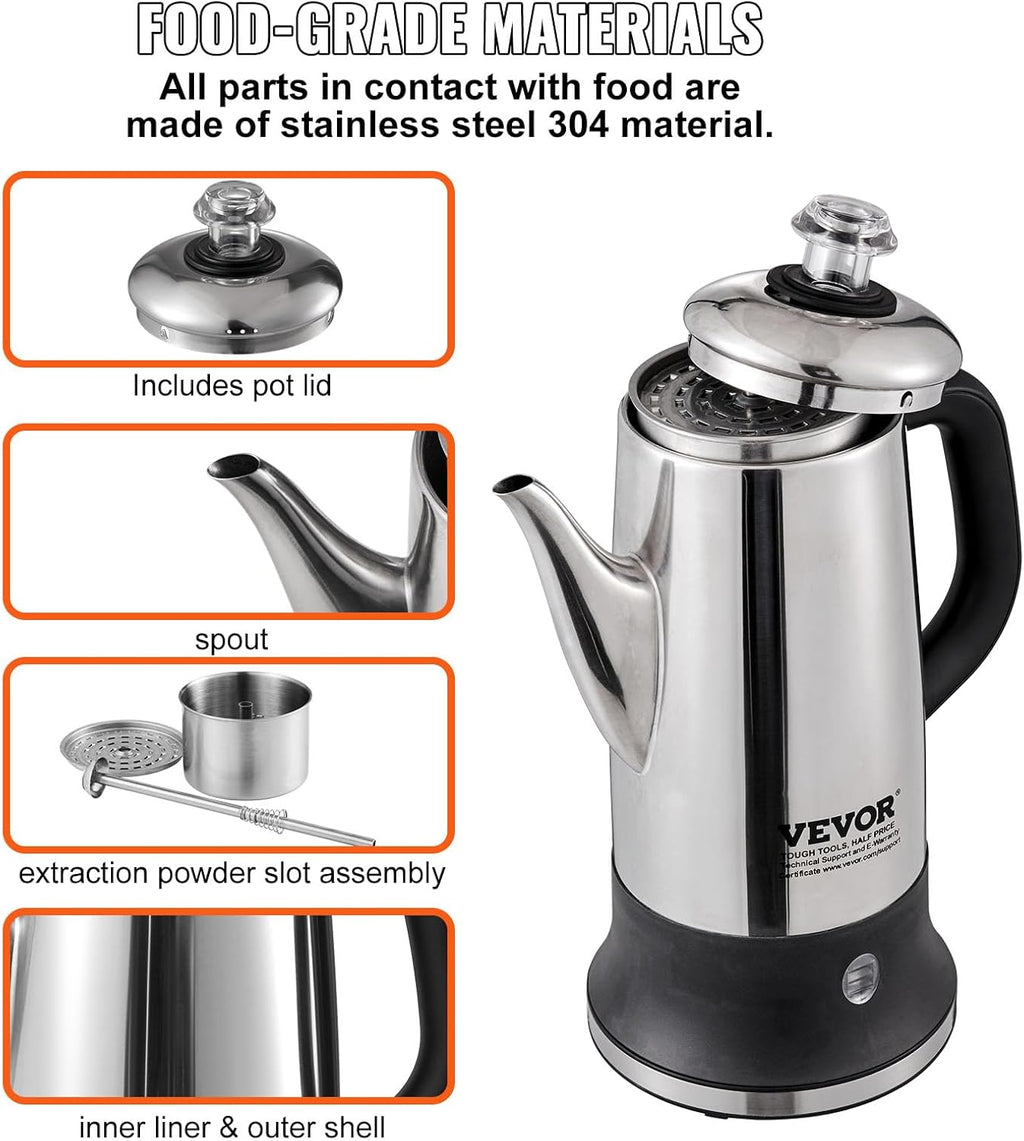 VEVOR 12-Cup Electric Percolator Coffee Pot, 304 Stainless Steel, Silver A1649