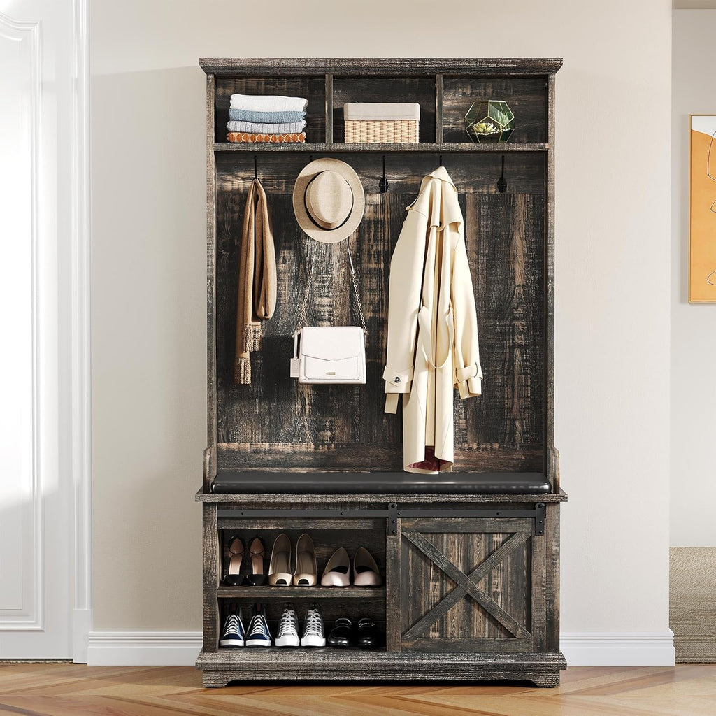 YITAHOME Hall Tree with Shoe Bench and Coat Rack, Dark Rustic Oak S657