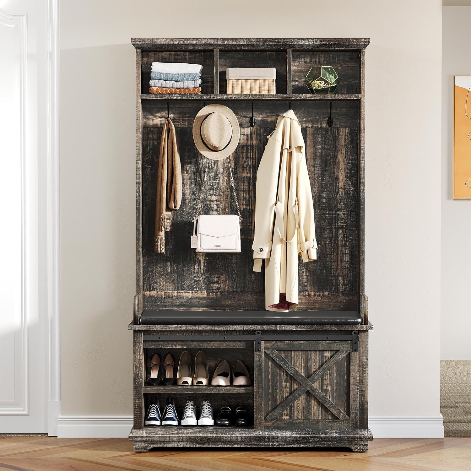 YITAHOME Hall Tree with Shoe Bench and Coat Rack, Dark Rustic Oak S657