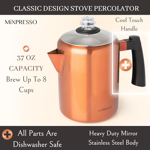 Mixpresso Stainless Steel Stovetop Coffee Percolator, 52 oz 12 Cup Z21916