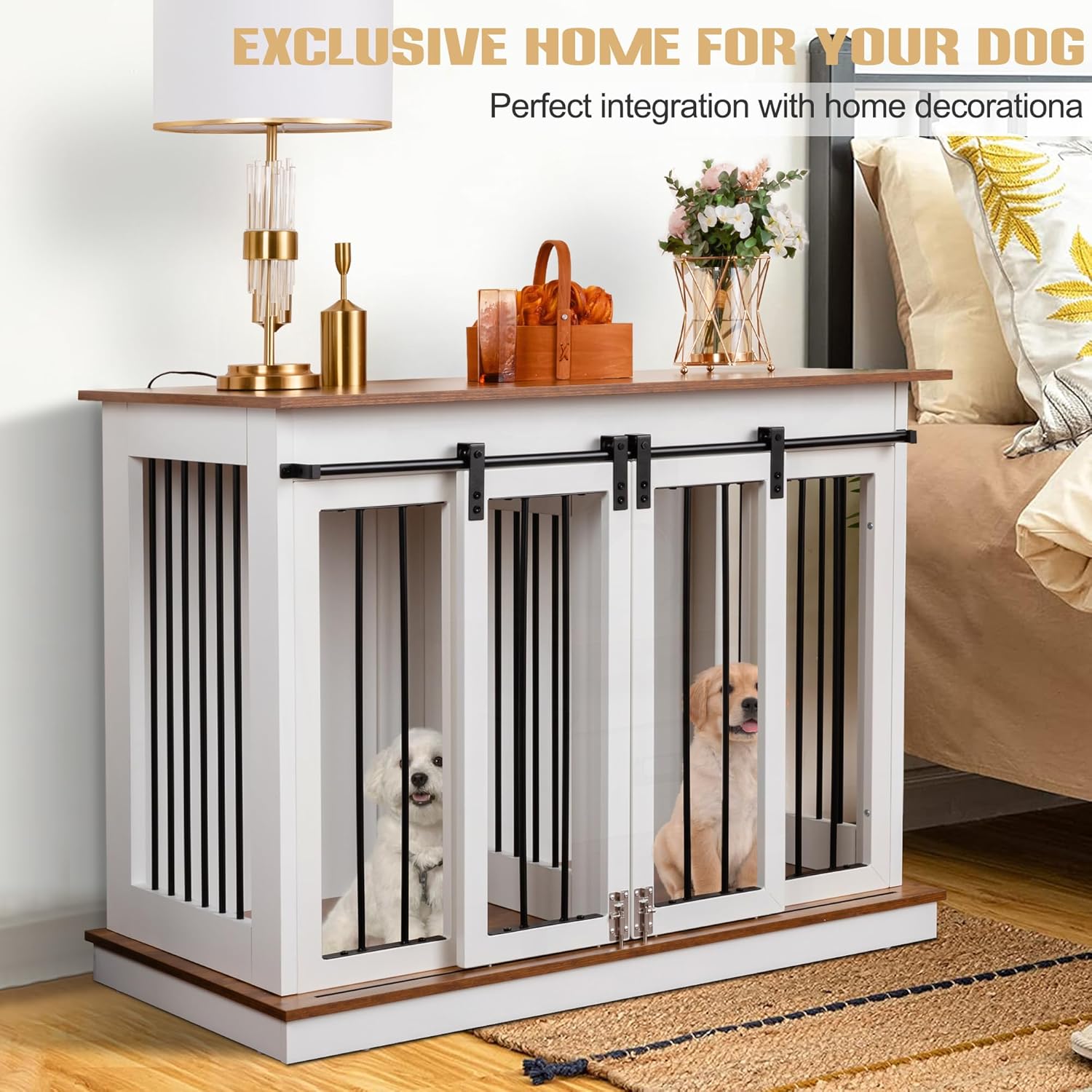 Sunseen Dog Crate Furniture with Divider, Wooden Kennel End Table, White Q35948