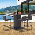 Patio Bar Set 5-Piece Outdoor Wicker Bar Set, Wicker Bar Table with Built-in Bottle Opener, Hidden Storage Shelf and 4 Stools for Outside Backyards Porches Gardens Poolside (Grey)