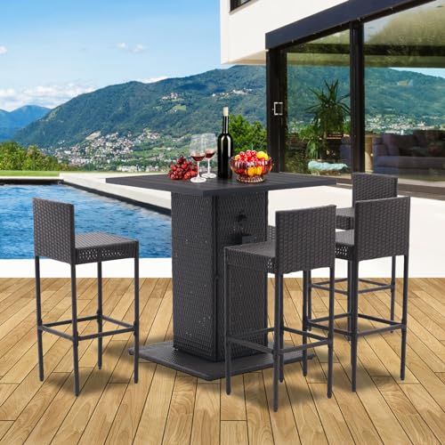 Patio Bar Set 5-Piece Outdoor Wicker Bar Set, Wicker Bar Table with Built-in Bottle Opener, Hidden Storage Shelf and 4 Stools for Outside Backyards Porches Gardens Poolside (Grey)