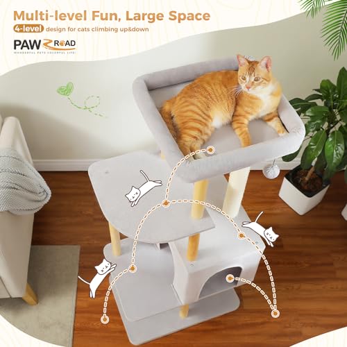 PAWZ Road Large Cat Tree, 53 Inches Modern Wooden Cat Tower for Indoor Cats R627