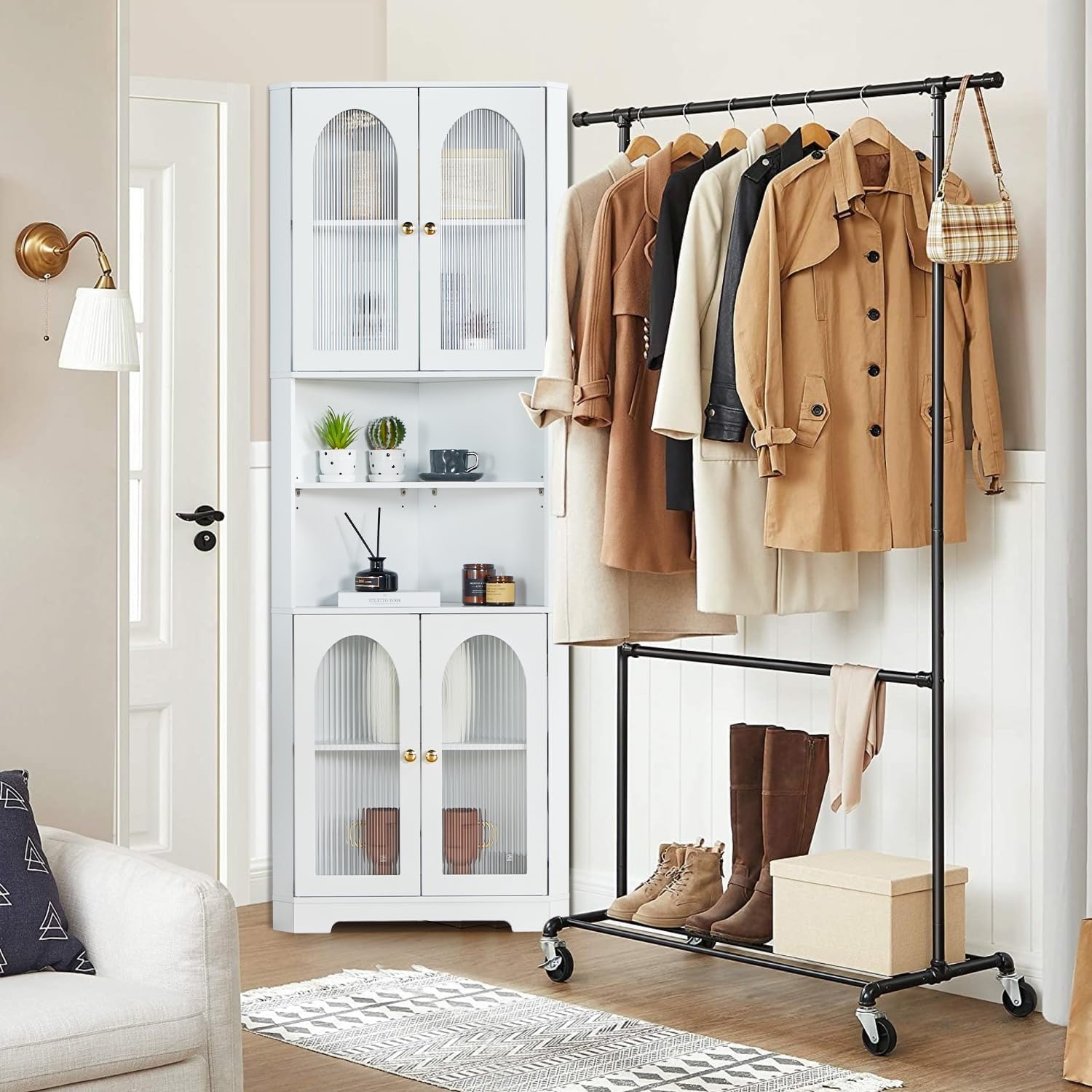 Corner Cabinet with 4 Glass Doors & LED, White Storage Cabinet with 6 Shelves X635813