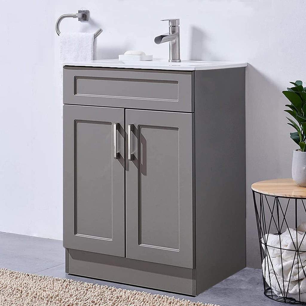 24 Inch Bathroom Vanity with Sink, Gray Cabinet and White Ceramic Basin O59220