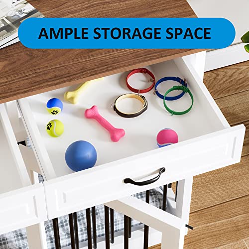 Large Dog Crate Furniture 86.6 Inch Wooden Kennel with Drawers & Divider, White E22647