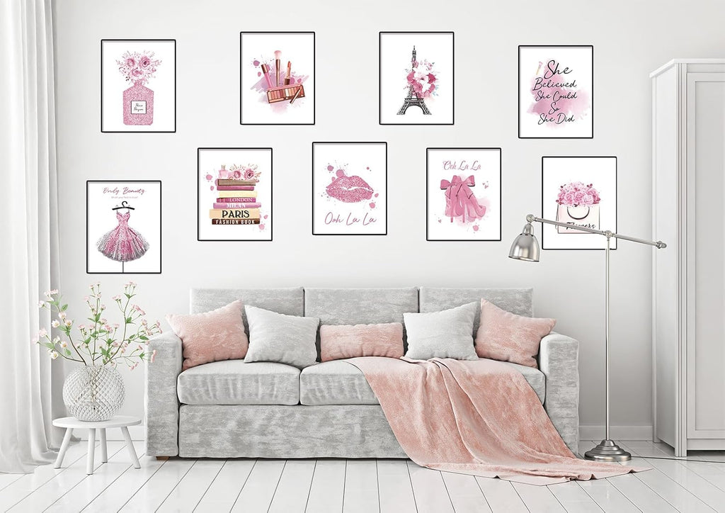 DRBLUEB Pink Flower Perfume Paris Wall Art Prints Set of 9 Unframed Y743571
