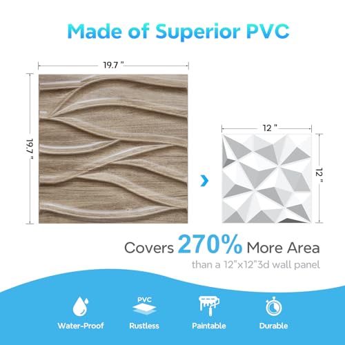 STICKGOO 3D Wall Panels for Interior Wall Decor, Walnut Textured Wave Design, 12 Pack 19.7''x19.7'' M729318