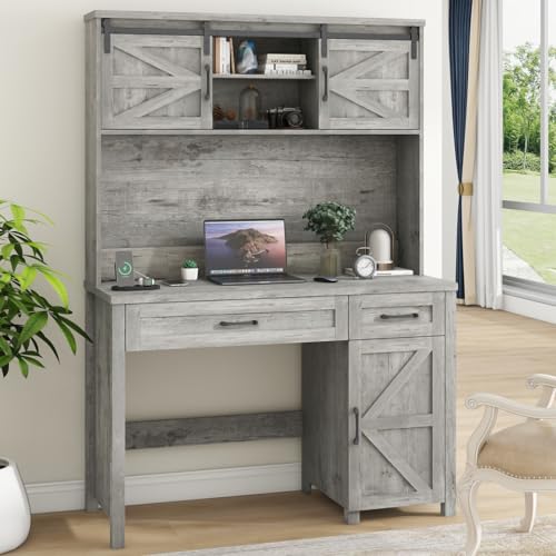 Farmhouse 47'' Executive Desk with 3 Drawers and 2 Cabinets, Gray Oak D1314