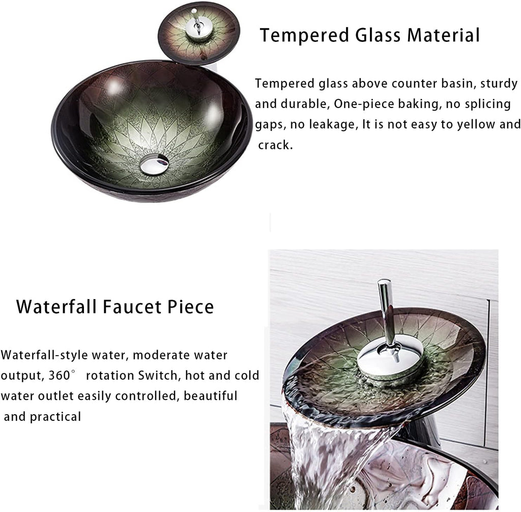 Tempered Glass Round Vessel Sink with Waterfall Faucet F150420