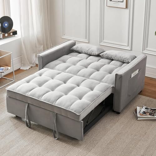Convertible Sleeper Sofa Bed, Velvet Futon Couch with Adjustable Backrest, Beige K619012