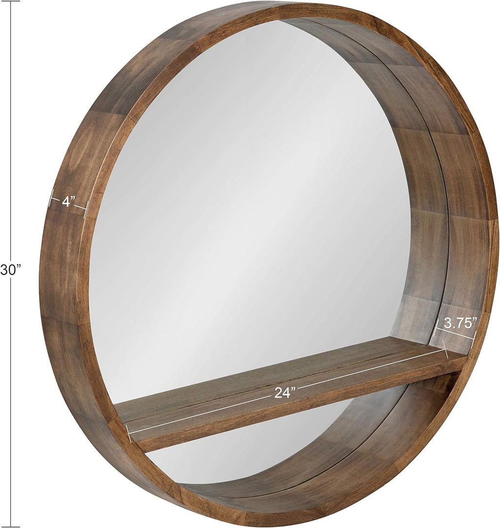 Kate and Laurel Hutton Round Mirror with Shelf, 30" Diameter, Rustic Brown K611