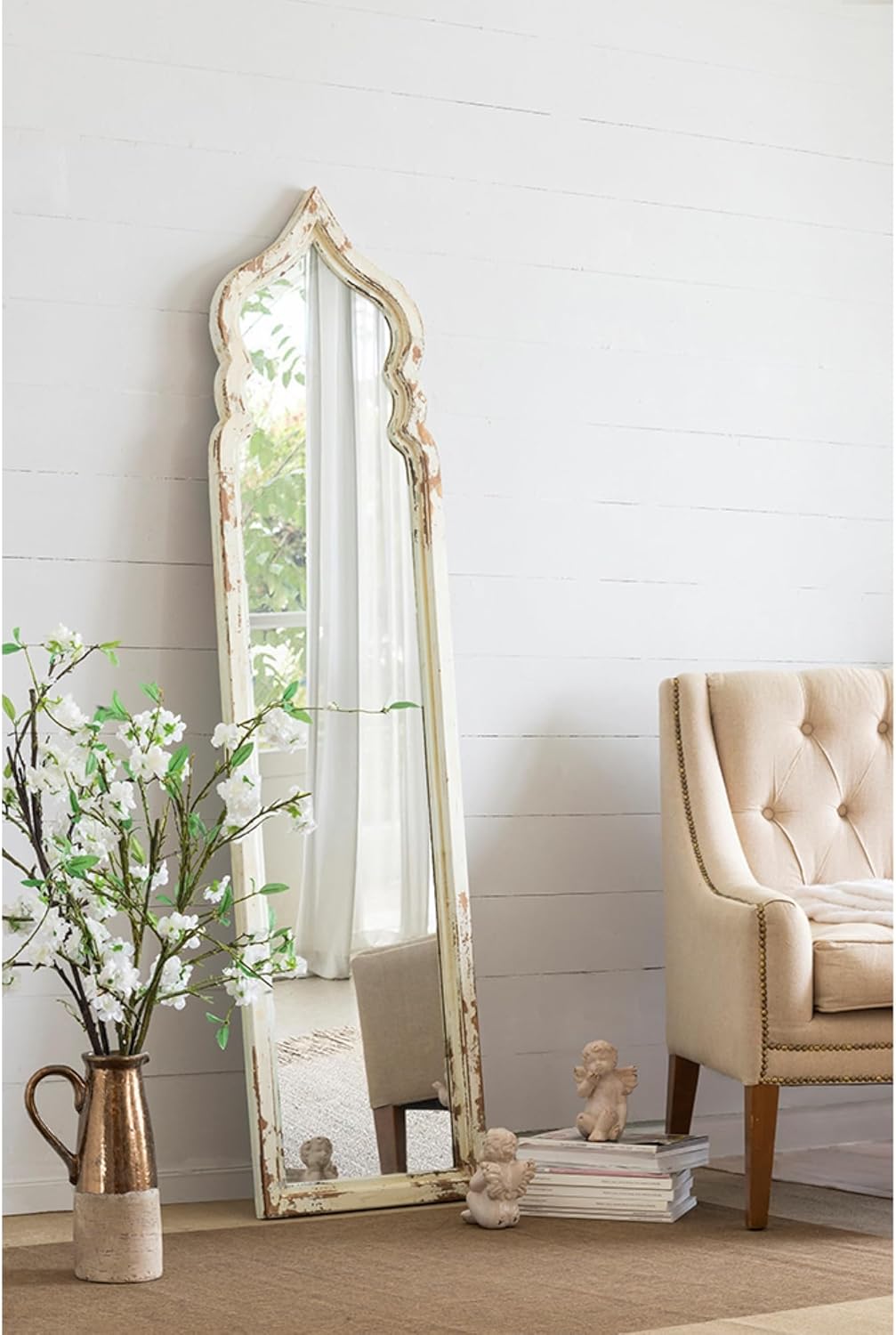 CC Home Furnishings Vintage Weathered White Full Length Floor Mirror P3491
