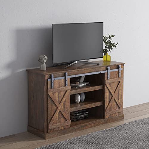 Yoglad Wooden Farmhouse TV Stand with Sliding Barn Doors, 53.9 Inch Entertainment Center D60898