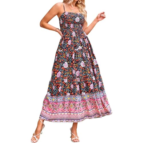 Women Spaghetti Strap Colorful Graphic Maxi Dresses Print A Line Swing Long Cami Dress Boho Beach Vacation Sundress