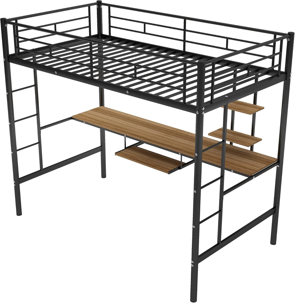 MERITLINE Metal High Loft Bed, Twin with Desk and Storage Shelf, Black J431