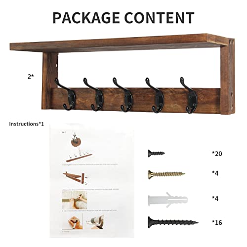 2 Pack Wall Mount Coat Rack with Shelf, Wood Hooks, Rustic Brown M99221