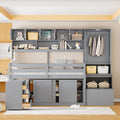 Twin Size Loft Bed for Kids, Extra Large Versatile Wooden Bedframe with Removable Desk/Storage Stairs/Wardrobe/Eight Top Shelves/Two Sliding Door Cabinets, Space-Saving Design, Gray