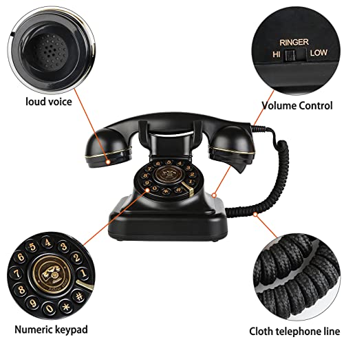 Retro Rotary Landline Telephone, Classic Corded Desk Phone for Home Office (Black) B344143