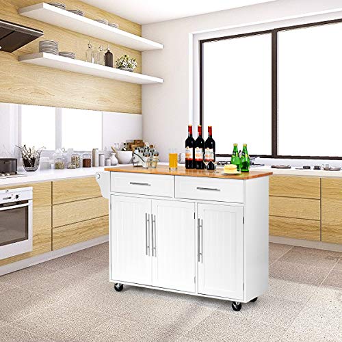 Giantex Kitchen Island Cart with Lockable Castors, 2 Drawers, 3 Door Cabinet, White F858